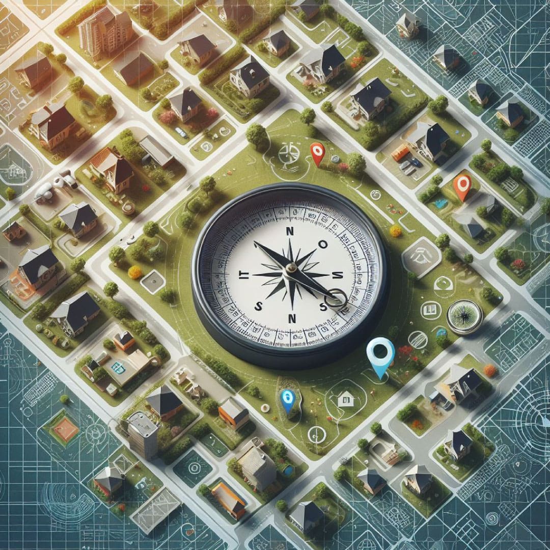 Illustration of geolocation in real estate, showing a map with property locations and a real estate agent using a geolocation app.