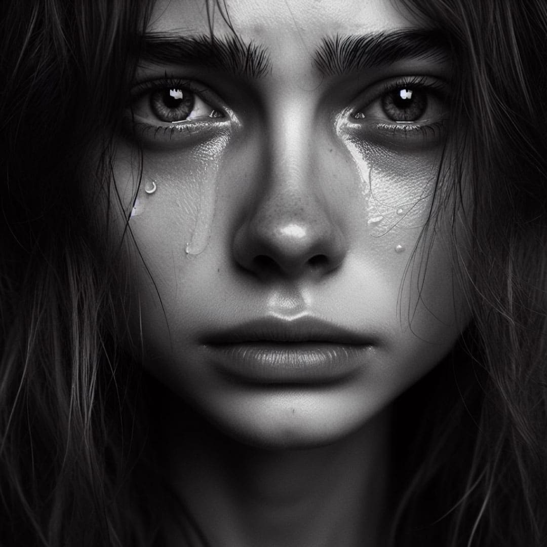 Portrait of a career woman with tears in her eyes, symbol of her sensitivity, used in an article exploring how women's sensitivity in the business world is a strength and not a weakness. The image underscores the unexpected union between sensitivity and success.