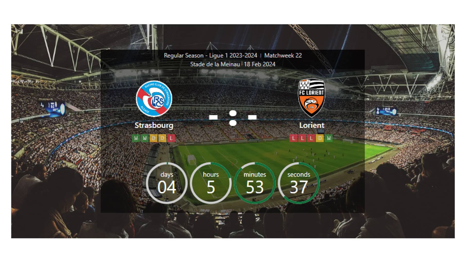 Image showing the details of a match, including the match status, match week, kick-off time and date, stadium, countdown, team and player statistics, referees, game events, missing players, and game formations.