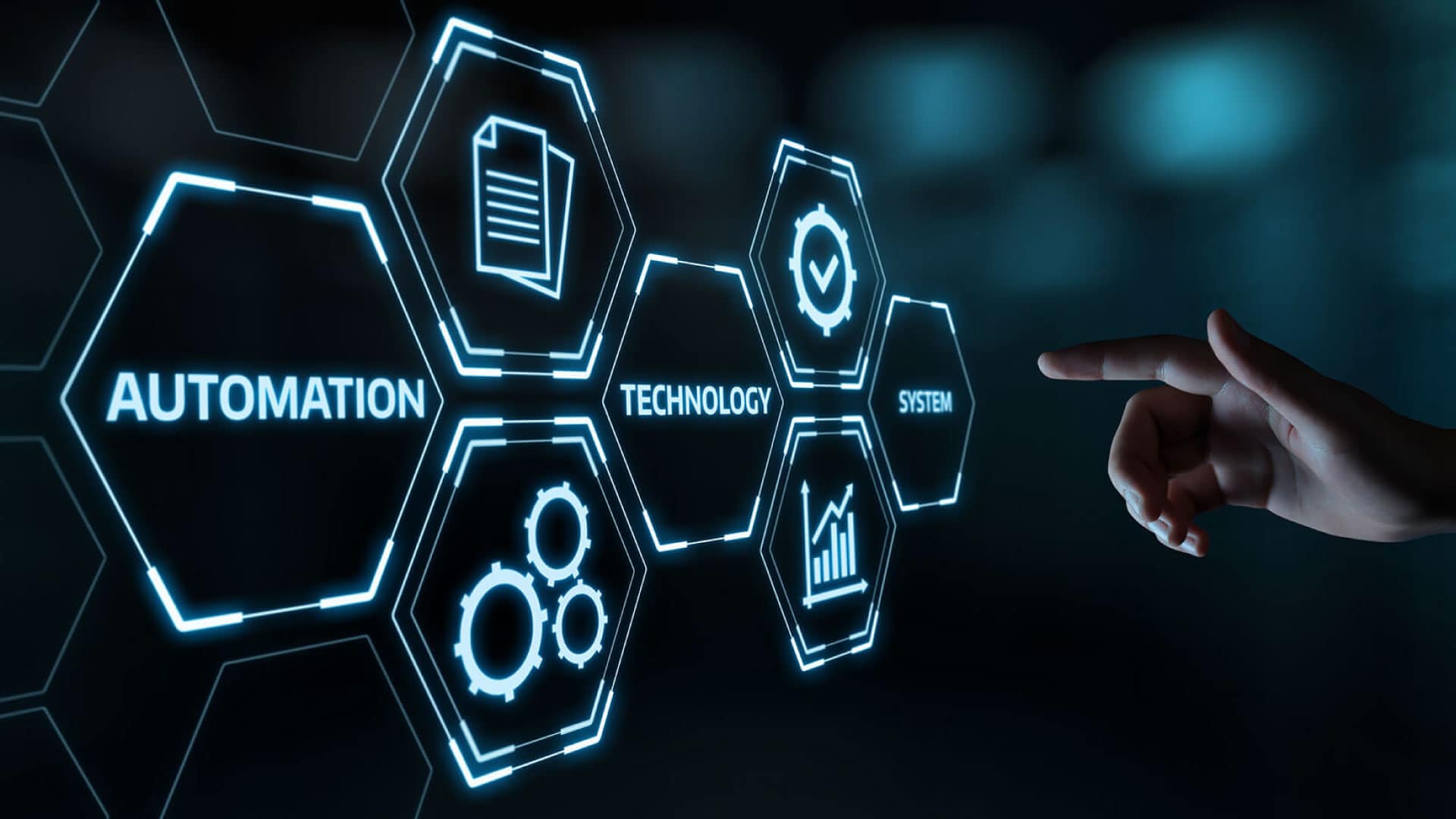 Professional Services Software interface on a touch screen with icons and a hand pointing to select options, enhancing project management and data centralization