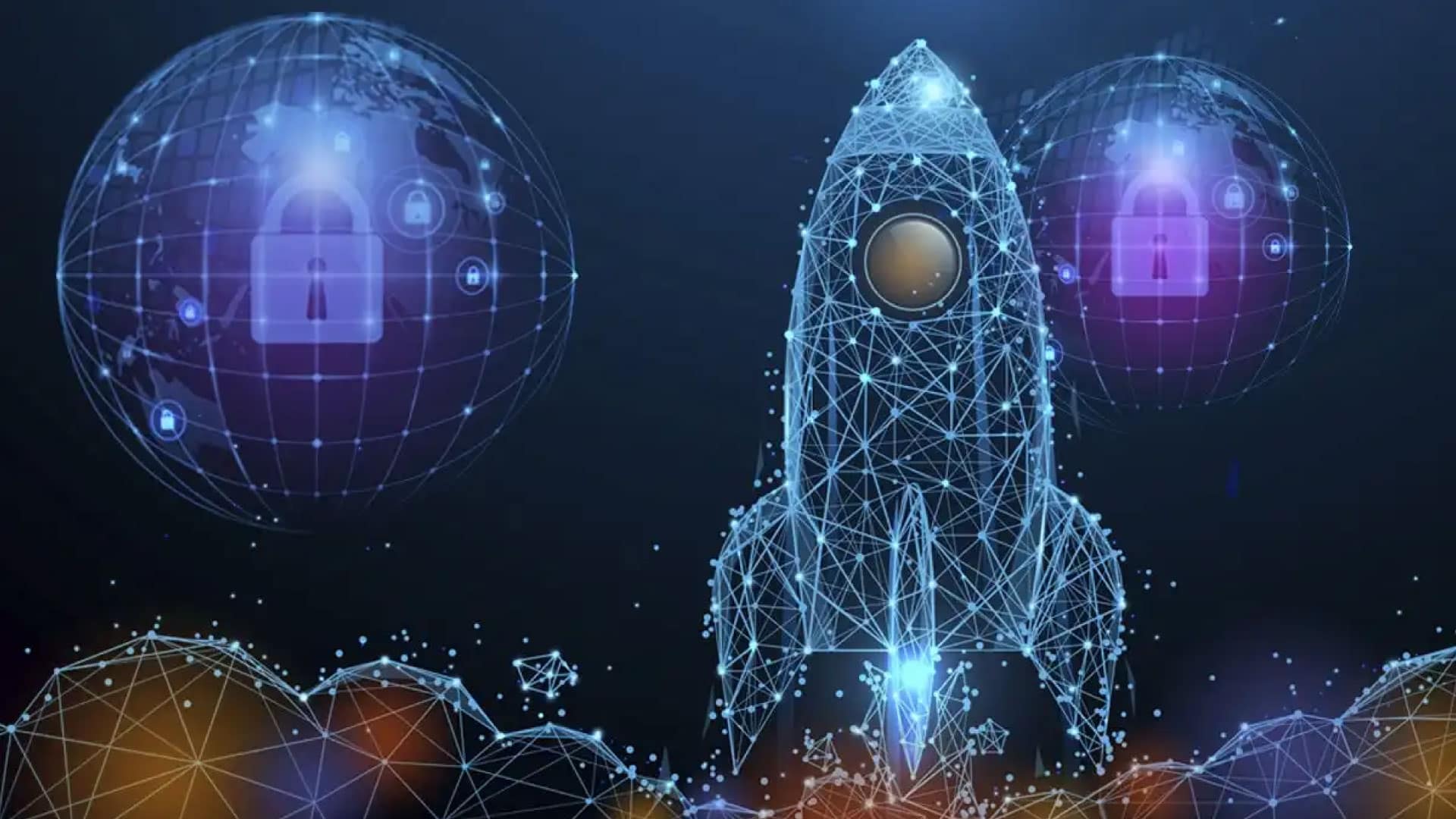 Virtual image featuring a rocket and two locks, illustrating Startup Security Tips for protecting business data and physical assets