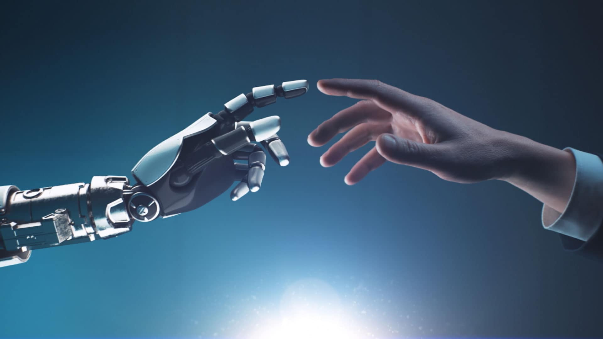 Two hands, one cyborg and one human, touching index fingers, representing the integration of Professional Service Software and advanced technology solutions.