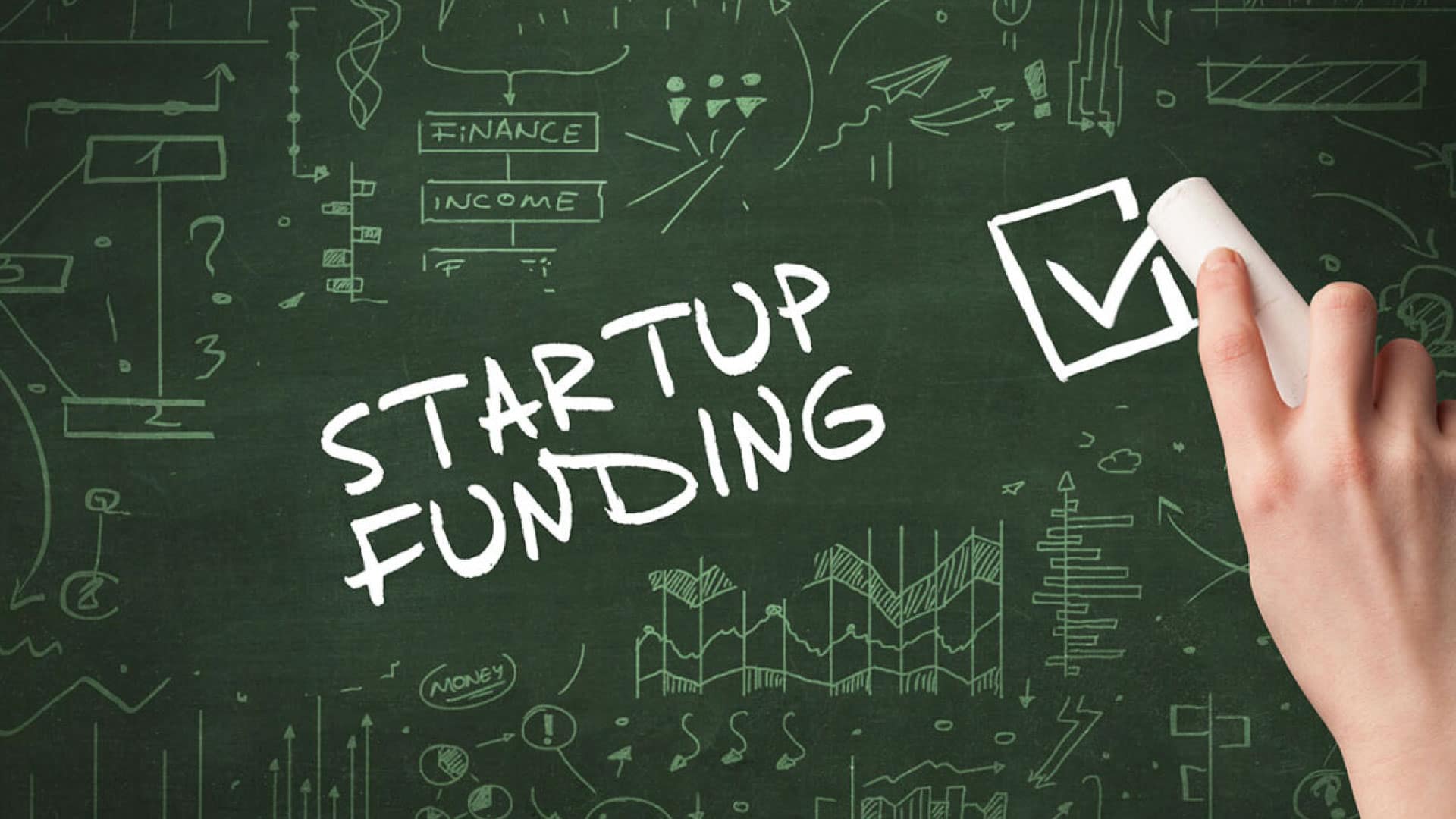 Hand writing 'Startup funding' on a chalkboard, representing Secure Startup Funding with essential strategies for new entrepreneurs.