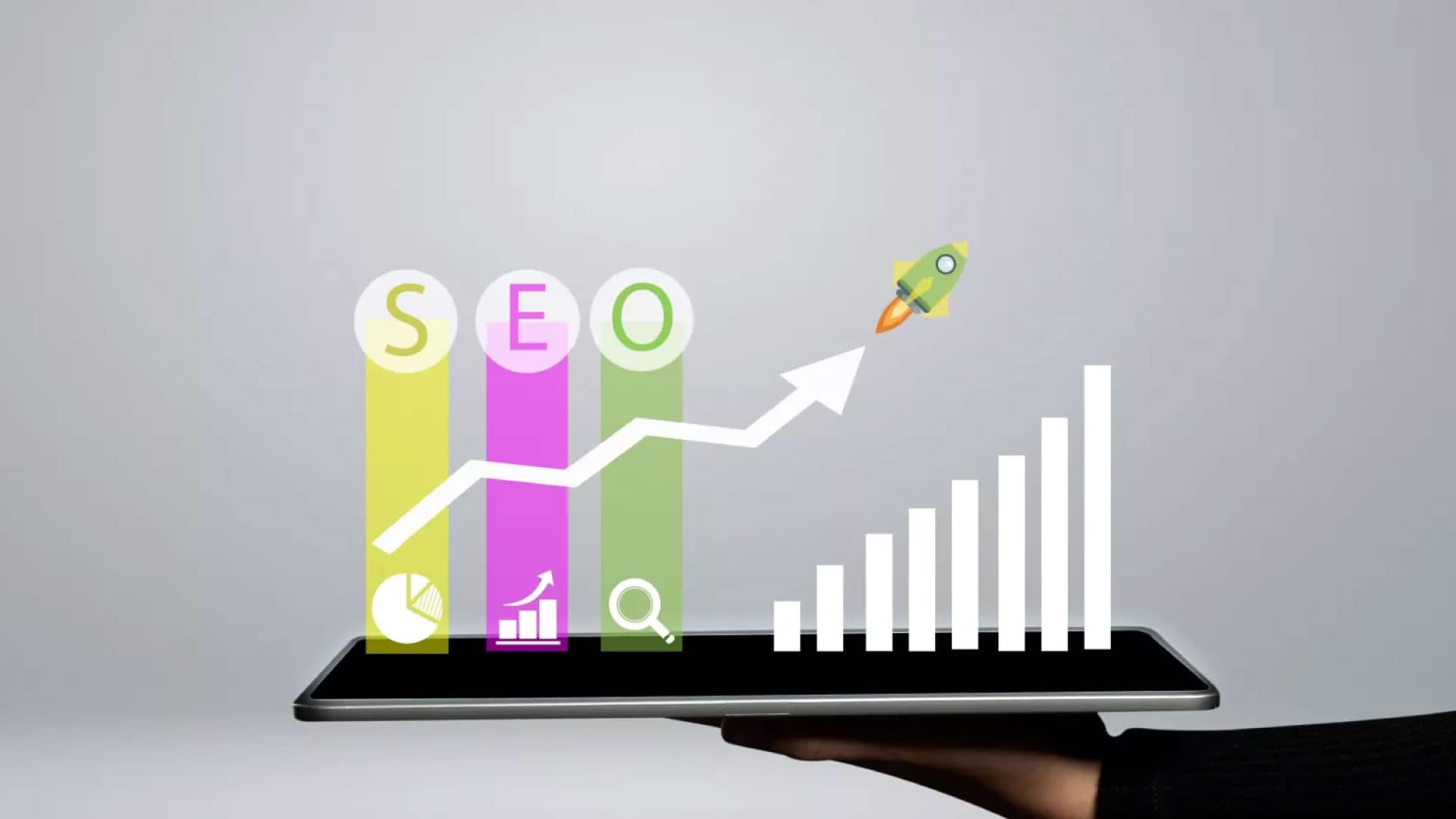 Boost Traffic and Conversions with SEO represented by the word 'SEO' with a rocket flying over a growing bar chart.