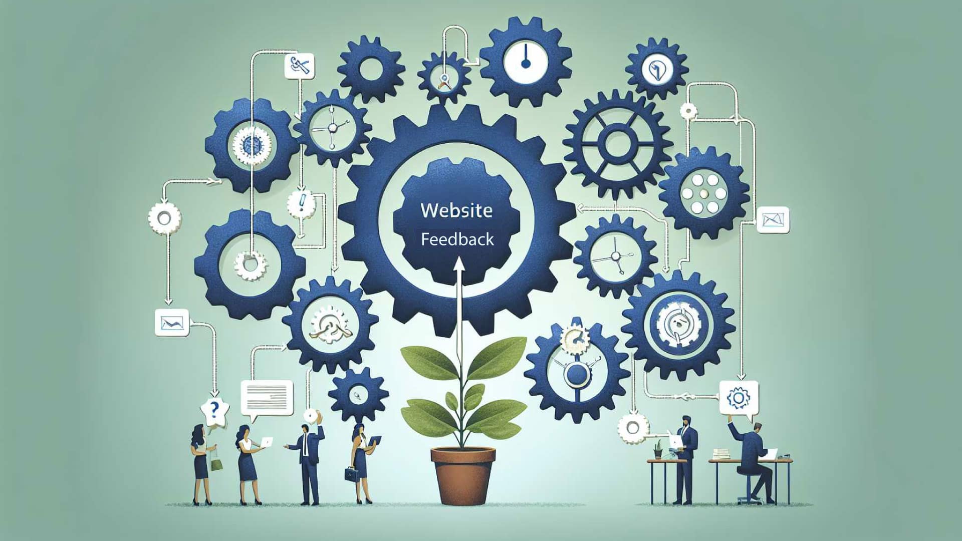 Enhancing Your Business Website - gears with a central plant, featuring an 'website feedback' inscription.