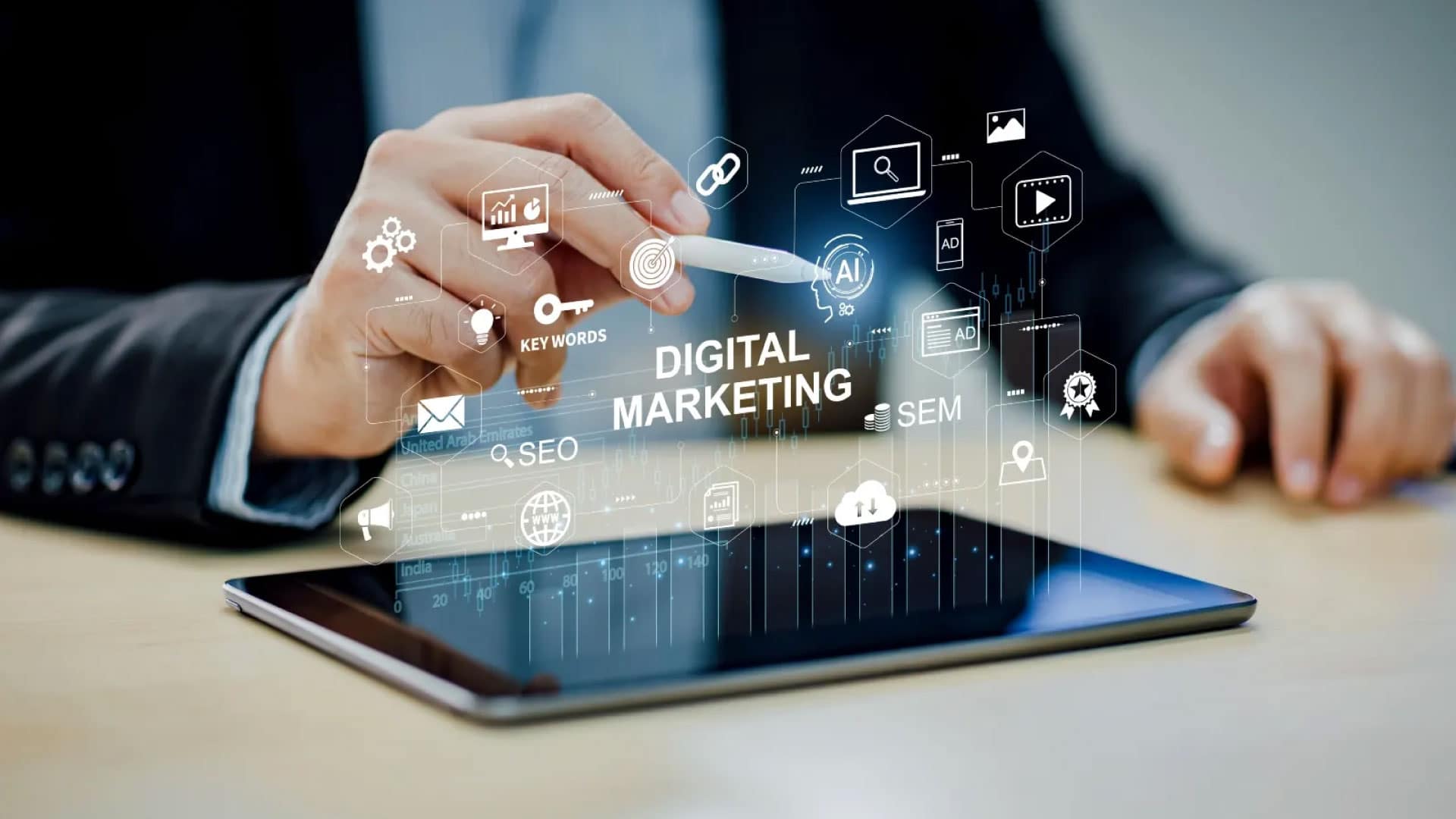 Technological image showing icons emerging from the screen with the text 'digital marketing' and a hand holding a digital pen with the AI icon, representing the expanding horizon of digital marketing and its importance in the modern business landscape.