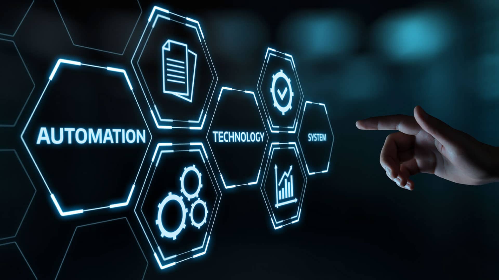 Professional Services Software interface on a touch screen with icons and a hand pointing to select options, enhancing project management and data centralization