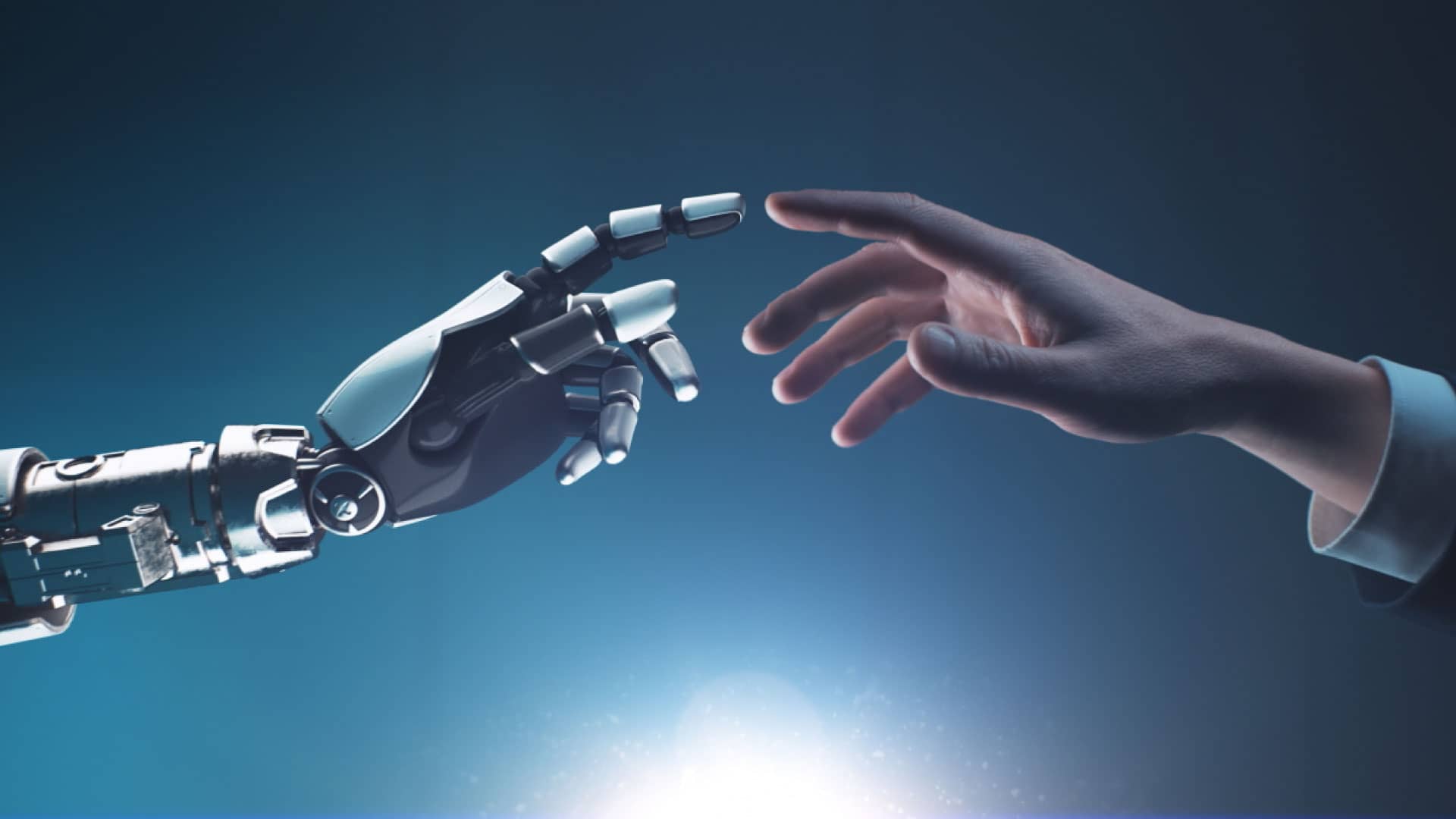 Two hands, one cyborg and one human, touching index fingers, representing the integration of Professional Service Software and advanced technology solutions.