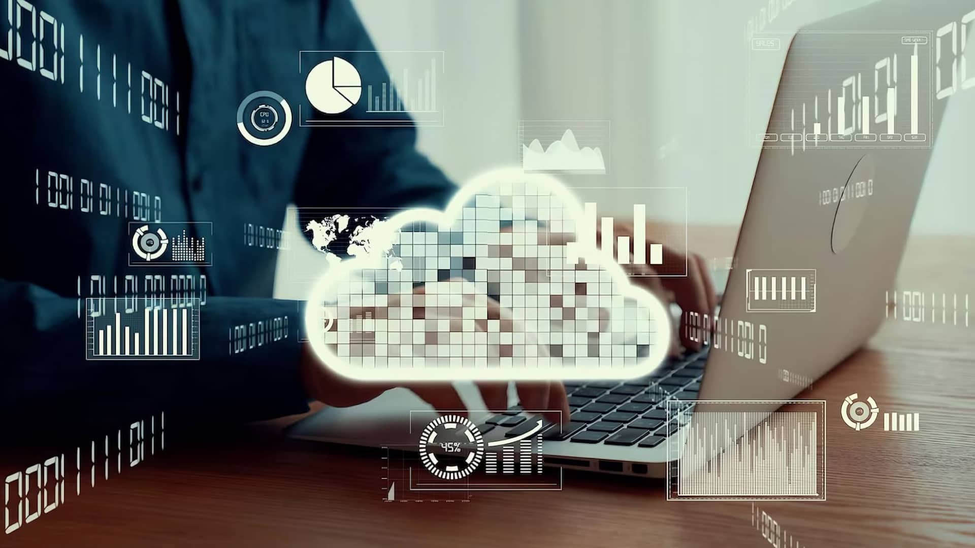 Process Mining Tools - a virtual image of a person working on a laptop with overlaid iconic images of cloud and software systems.
